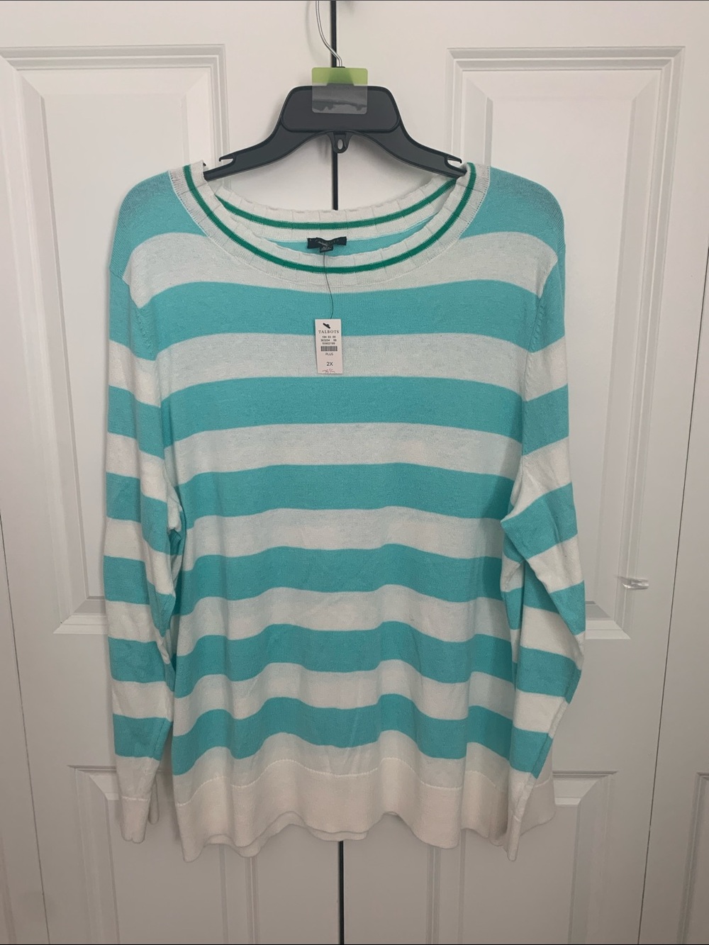 Talbots Aqua and White Striped Long-Sleeve Tee